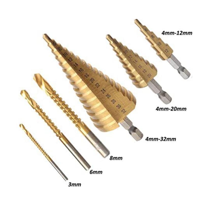 Bohrer-Set – 3 Größen Stufenbohrer + 3 Größen Spiralbohrer, 3–8 mm gezackter Sägebohrer für Metallbearbeitung, Holzbearbeitung, Lochbohren (3 Stufenbohrer + 3 Spiralbohrer)